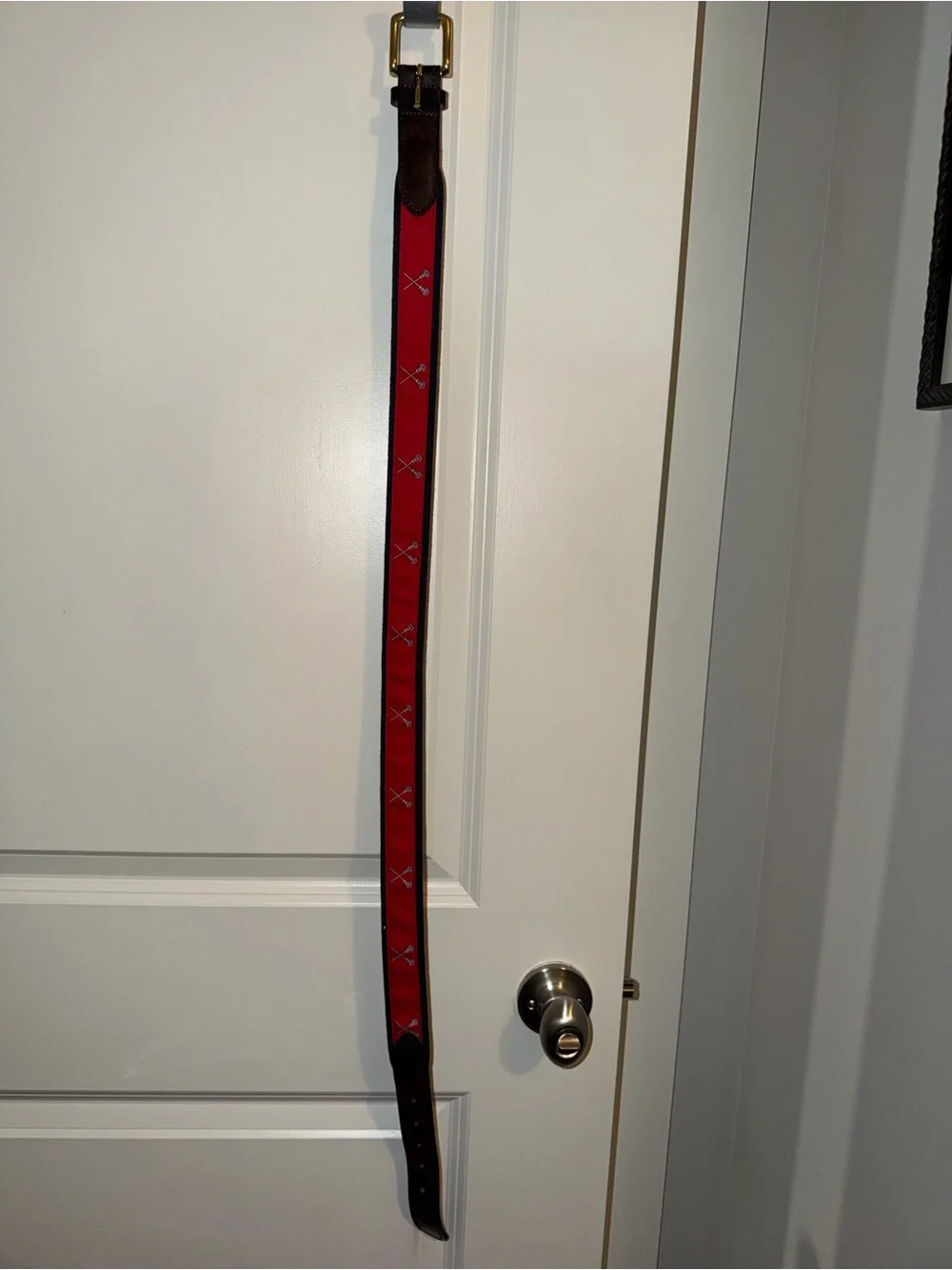 Vineyard Vines Red Lacrosse Belt with Brown Leather Trim